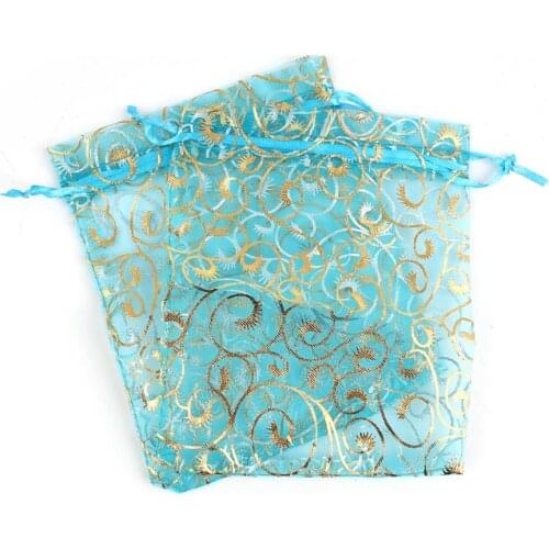 Organza Organza Jewelry Bags Drawable Rectangle Skyblue Pattern Pattern 16cm X13cm(6 2/8" X5 1/8"), 3 PCs Hot 2021 New