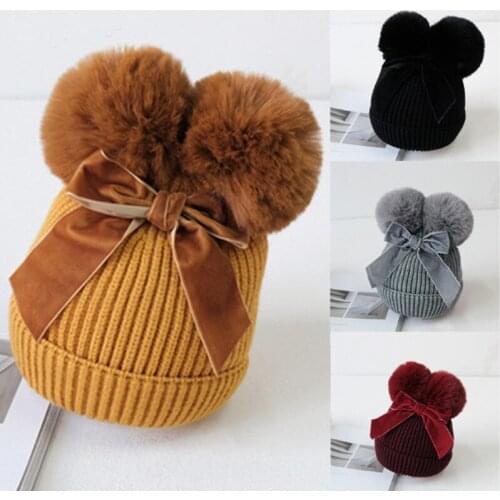 2019 New Style Baby Double Pompom Bow Hat Winter Knitted Warm Thicker Infant Beanie Cap Bonnet