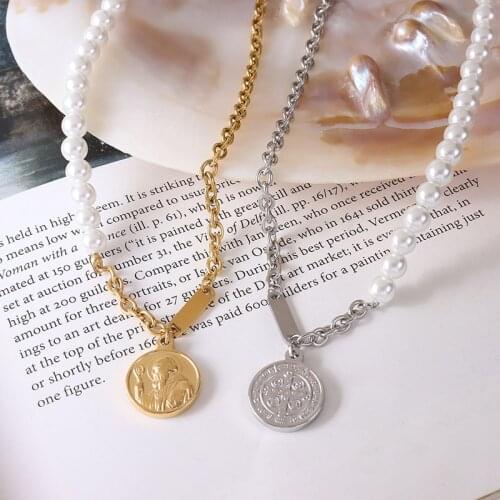 Vintage Stainless Steel Coin Pendant Necklaces For Women Statement Imitation Pearl Chain Choker Necklace Collar Jewelry Gift