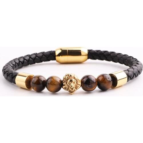 High Quality Men Jewelry New Design Natural Stone Stainless Steel Lion Charm Genuine Leather Bracelet Male