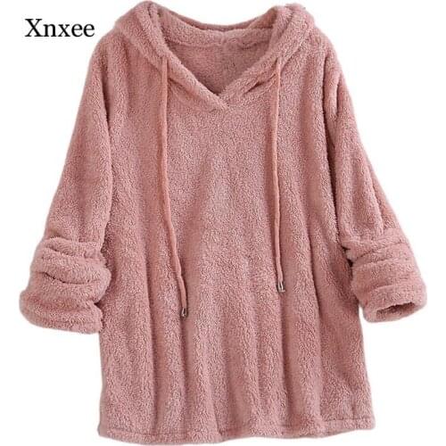 Spring Autumn Long Sleeve Plush Hoodies Women Blue Pink White Fluffy Hoodies Flannel Pullover Pajama Loose Hoodie Tops Plus Size