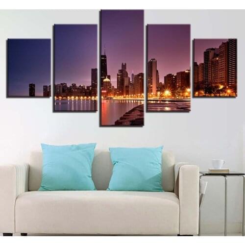 Bright night in seaside city 5 pcs Modern Home Wall Decor Canvas Picture Art HD Print Painting On Canvas for Living Room