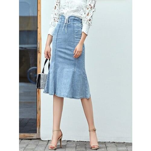Women Denim skirt spring autumn Long section High waist Trumpet / Mermaid Denim skirt Women 1261