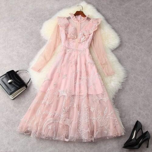 European and American womens clothing spring 2021 new Long sleeve collar Fashion pink mesh dress with beaded sequins