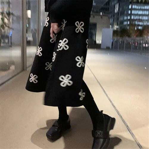 Women Clover Floral Jacquard Knitted Skirts Simple Elastic High Waist Long Skirts Autumn Winter A-Line Midi Skirts Streetwear