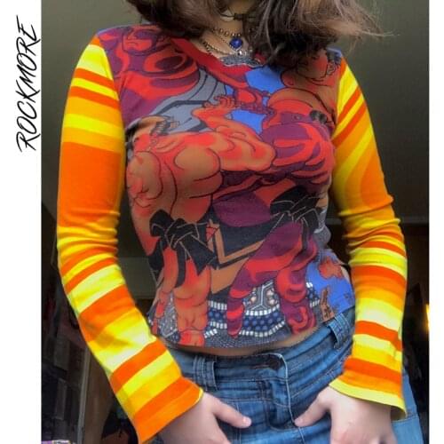 Rockmore Grunge Print Crop Top Women Long Sleeve T Shirt y2k Aesthetic V-Neck Tee Autumn E Girl T-Shirt 90s Vintage Fairycore