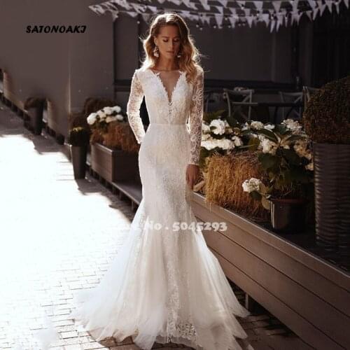 Boho Mermaid Lace Wedding Dress Sexy V Neck Beach Bridal Gowns Full Sleeve Backless Sweep Train Robe De Mariée Vestidos Sukienki