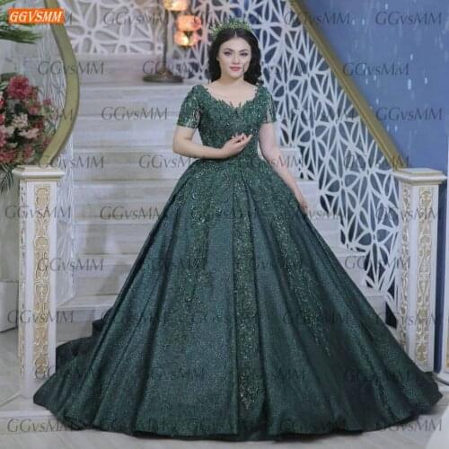 Dark Green Evening Dresses For Women Robe De Soiree Lace Appliqued Beaded Ball Gown Formal Dresses Long 2020 Abiye Gece Elbisesi