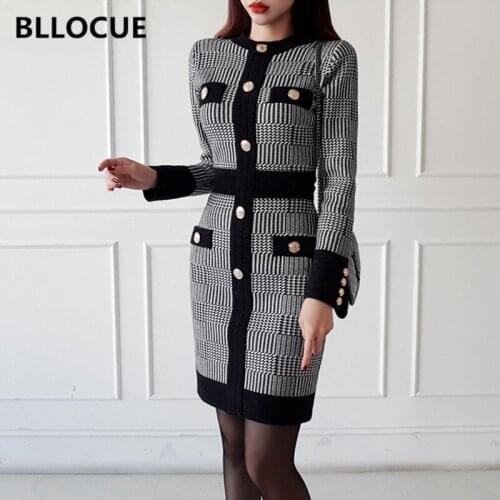 BLLOCUE 2020 New Spring Korean OL Temperament Slim Runway Jacquard Knitting Dress Women Elegant Vintage Houndstooth Dress