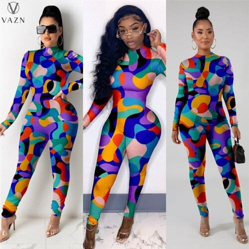 VAZN 2021 Fashion Hot Sale Women Street Hip Hop Style Jumpsuits Long Sleeve Round Neck Zipper Printed Jumpsuits Long Pants