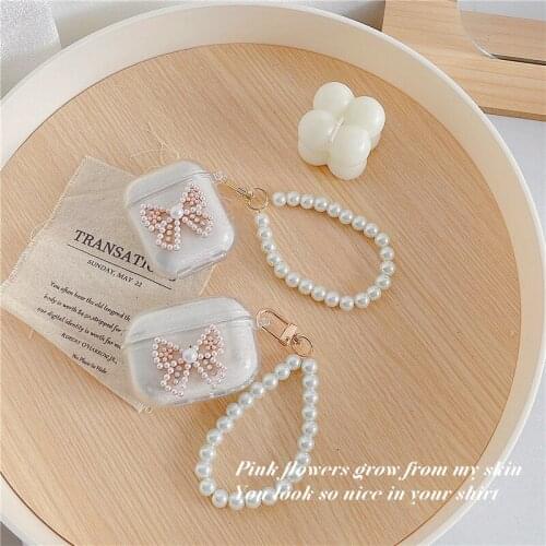 3D Bow Pearl Bracelet Keychain Earphone Case for Airpods 1 2 Wireless Headset Cute Cover Airpods Pro Soft Transparent Capa Gift
