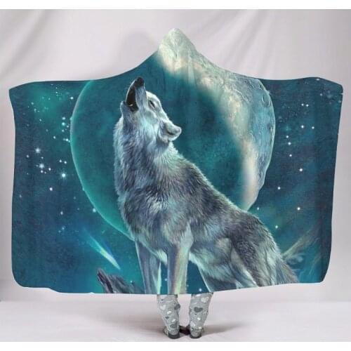 Wolf and Moon 3d Printed Hooded Blanket Warm Soft Microfiber Wearable Blanket for Adult Kids Seasons Bedding Sofa Throw Blankets