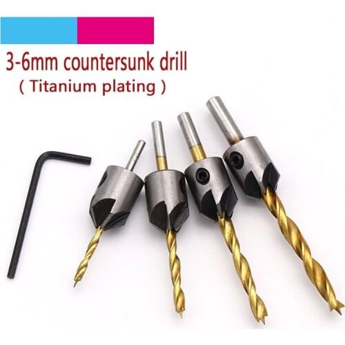5pcs Titanium Hex Shank Cone Hole Twist Drill Bit Woodworking Countersunk Drilling Hole Hardware Tools Screw Reaming