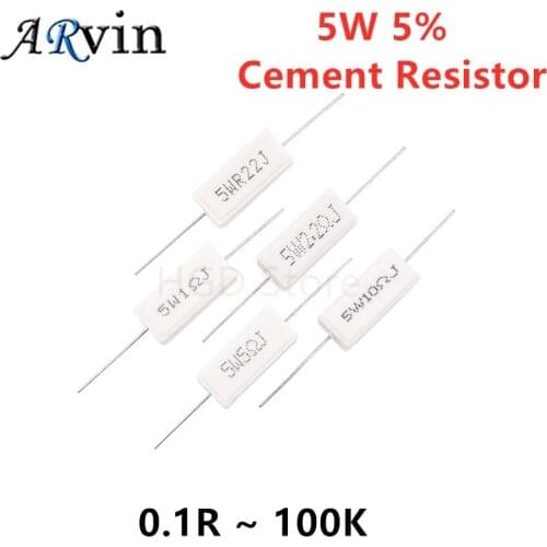 10pcs 5W 5% Cement Resistor Power Resistance 0.1 ~ 10K 0.1R 0.5R 1R 10R 100R 0.22 0.33 0.5 1 2 5 8 10 15 20 25 30 100 1K 10K ohm