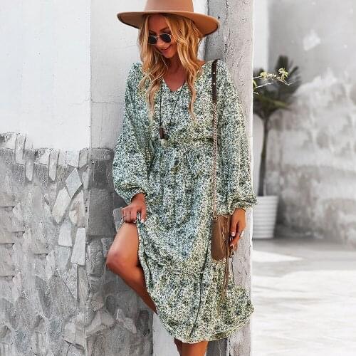 Jastie Bohemian Style Floral Print Dresses for Women 2021 Autumn and Winter Dress V-neck Long Sleeve Big Hem Beach Midi Dress