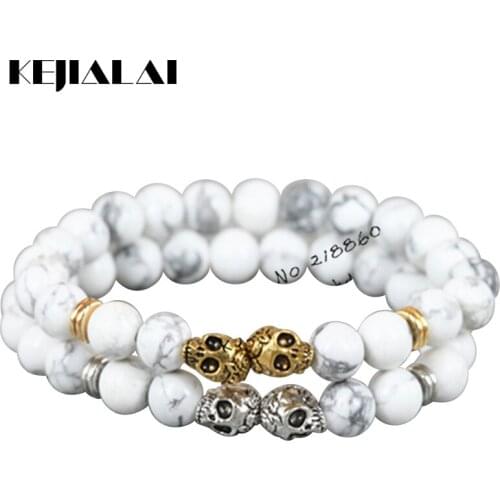 KEJIALAI 1pcs 2018 New Fashion 8mm Beads Bracelet Gold/Silver Color Skull Head Natural Howlite Stone Beads Mens Bracelet A0307