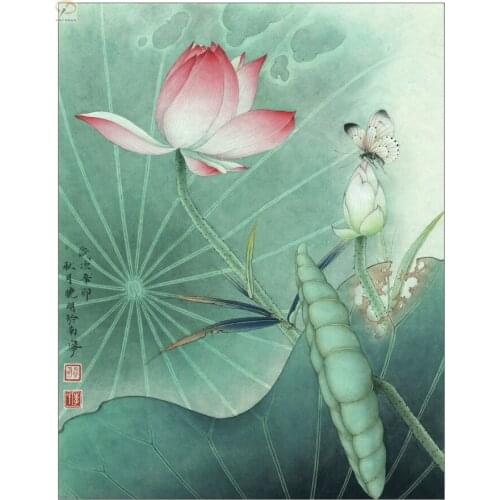 Chinese green leaf pink lotus scenery oil painting canvas prints printed on canvas home wall art decoration picture