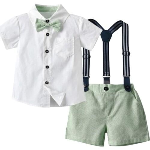 Kids Boy Summer Clothing Set Green High Quality Gentleman Baby Boys Clothes Suit T-Shirt+Belt Pants+Tie Gentlemen Boy Clothing
