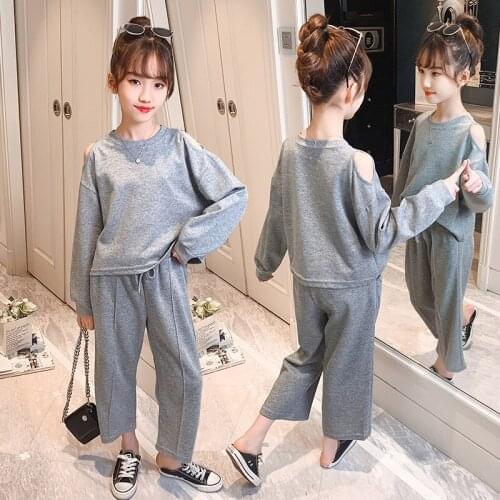 Baby Girls Clothes Sets Spring Autumn Toddler Kids Grey Off-shoulder Long Sleeve Tops + Wide Leg Pants Children Outfits 6 8 Year