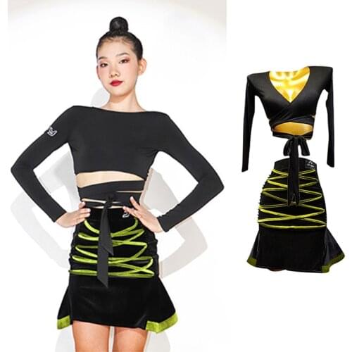 Summer Latin Dance Costume For Girls Bandage Tops Velvet Skirt Rumba Tango Dance Performance/Competition Clothing Suit VDB3924