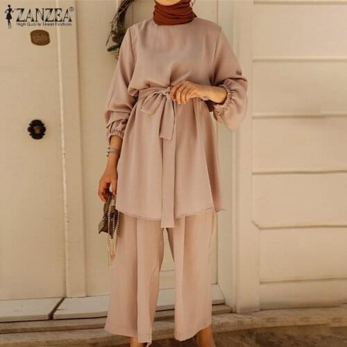 Womens Muslim Suits Sets ZANZEA Summer Muslim Sets Elastic Waist Pants Casual Islamic Turkey Clothes Solid Long Sleeve Blouse