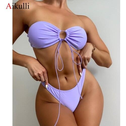 Sexy Strapless Bikinis Swimsuit Women Hollow Lace-Up Bikini set Push up Swimwear 2021 New Summer Beach Biquini Swim Bathing Suit