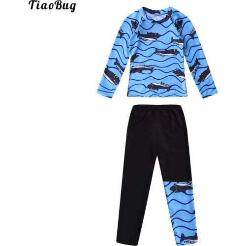 TiaoBug Summer 2Pcs Kids Boys Swimsuit Round Neck Long Sleeves Cartoon Shark Print Tops And Pants Set Beach Pool Bathing Suit