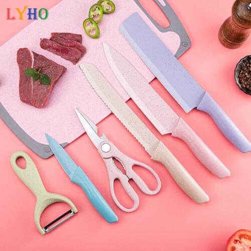 6Pcs Kitchen Cooking Knife Set with Cover as Gift, Colored Sharp Chef Knife Decor Cutlery Stainless Steel Cookware