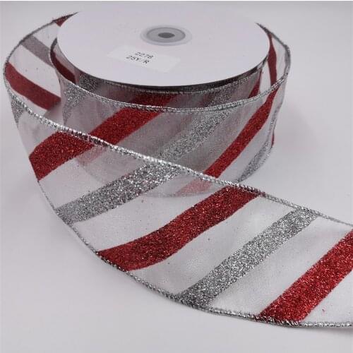 63mm Wired organza christmas ribbon with twill sparking for Gift Bow Wedding Cake Wrap Tree Decoration N2278