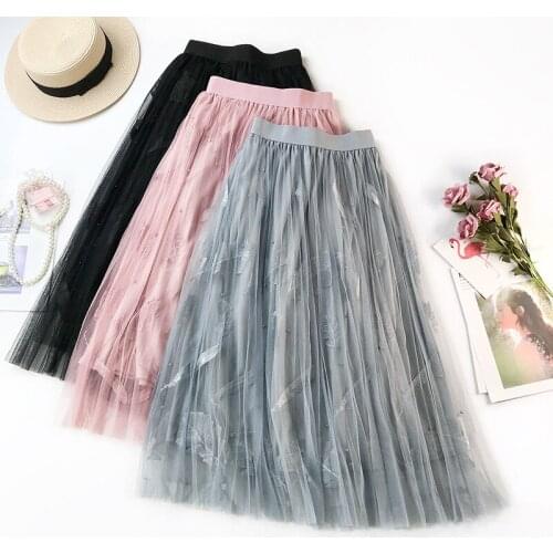 QA405 New Style Feather Embroidery A-line Skirt Sexy Lace Mesh Summer Skirt Women Elegant Fairy Long Skirts