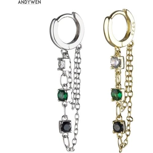ANDYWEN 925 Sterling Silver Safe Chain Huggies Double Hoops Colorful Green Zircon CZ Cuff Earring For 2020 Women Luxury Jewelry
