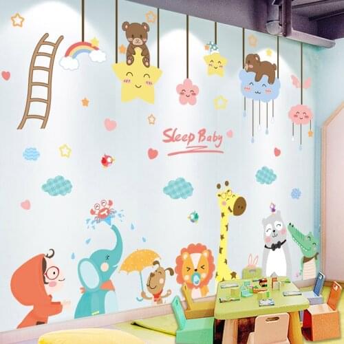 [shijuekongjian] Cartoon Animals Wall Stickers DIY Bear Clouds Wall Decals for Kids Rooms Baby Bedroom Nursery House Decoration