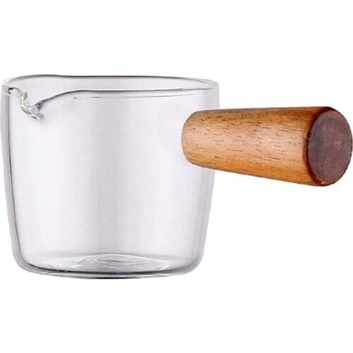 Glass Milk Cup Jug With Wood Handle 3-Ounce Milk And Cream Pitcher Shot Glasses For Coffee Tea Or Maple Syrup Serving