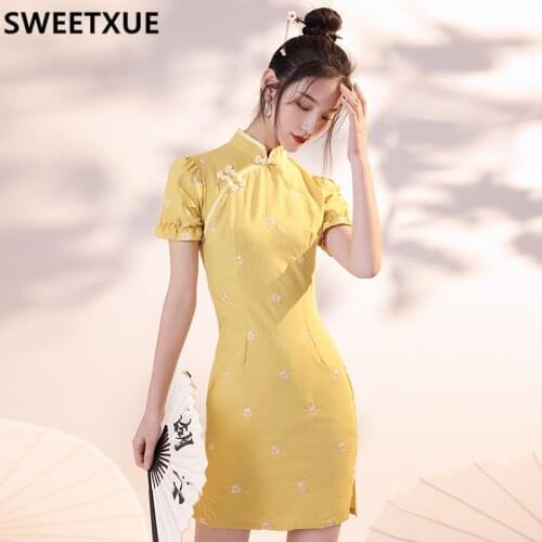 SWEETXUE Little Daisy Embroidered Puff Sleeve Chinese Improved Cheongsam 2021 Young New Girl Summer Women Chic Cute Kawaii Dress