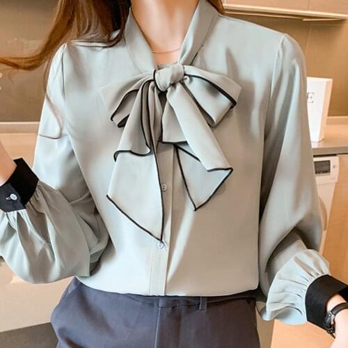 Long Sleeve Women Shirt Blouse Women Blusas Mujer De Moda 2021 Elegantes Bow Collar Chiffon Blouse Shirt Women Tops Blusa E577