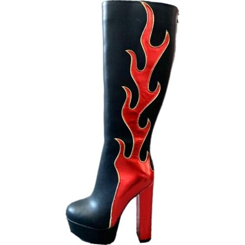 New Women Platform Knee High Boots Block Heel Zipper Sexy Flame Design Party Shoes Female Round Toe Gothic Boots For Women 2021