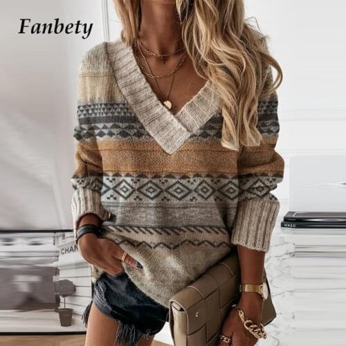 New Autumn Winter Women Fashion Sweater Tops Vintage Colorblock Striped Long Sleeve Sweater Casual V-Neck Retro Warm Jumper 2021
