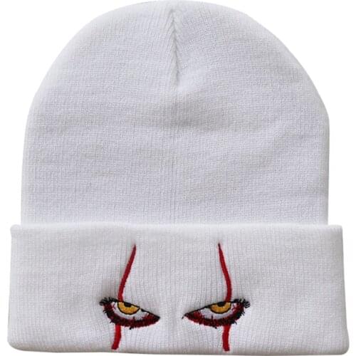 Unisex Winter Knit Beanie Hat Scary Clown Eyes Embroidery Halloween Skull Cap A0NF