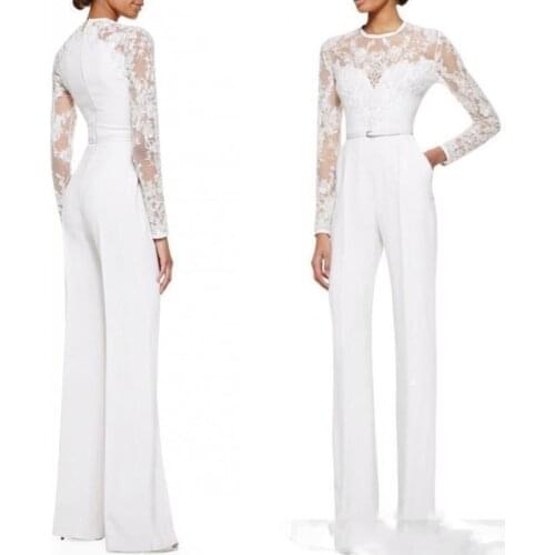 2019 new White Mother Of The Bride Pant Suits Jumpsuit With Long Sleeves Lace Embellished Women Formal Evening Wear Custom Made