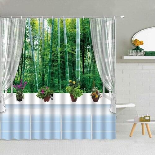 Bamboo Forest Flower Waterfall White Pigeon Natural Landscape Shower Curtain Bathroom Supplies Fabric High Quality With Hooks