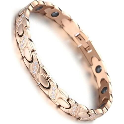 New Rose Gold Color Stainless Steel Bracelet For Mens Womens Crystal Black Gallstone Healthy Motion Medical Bracelet