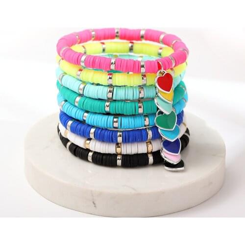 2021 New Boho Multicolor Heart Polymer Clay Bracelets For Women Charm Elastic Soft Pottery Female Bracelet Summer Beach Jewelry