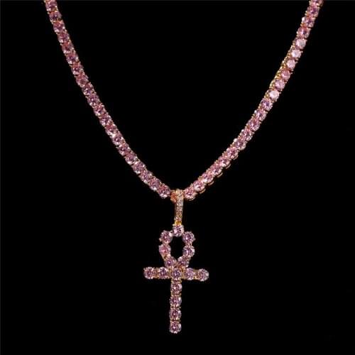 Hiphop 4mm Pink Iced Out Cubic Zirconia Tennis Chains Gold Rose Color Cross Necklace Fashion Men Women Accessories Jewelry