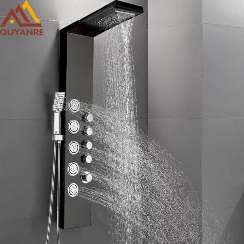 Black Nickel Shower Panel Shower Column Rain Waterfall Shower Massage Spa Jets Tub Shower Bath Taps Bathtub Wall Mounted Shower