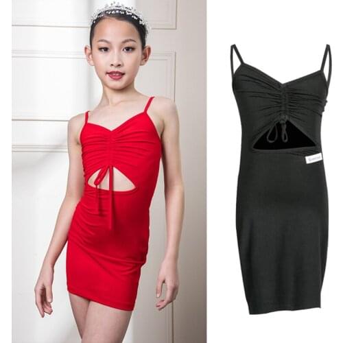 Kids Girls Latin Dance Dress Summer Dance Clothes Cut Out Drawstring Dress Competition Costume Red/Black Practice Dress BL6084