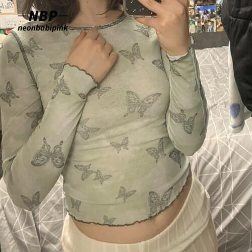 NEONBABIPINK Fairy Grunge Graphic T Shirts for Women Green Butterfly Print Long Sleeve Crop Tops Vintage Y2k Clothes N84-BB11