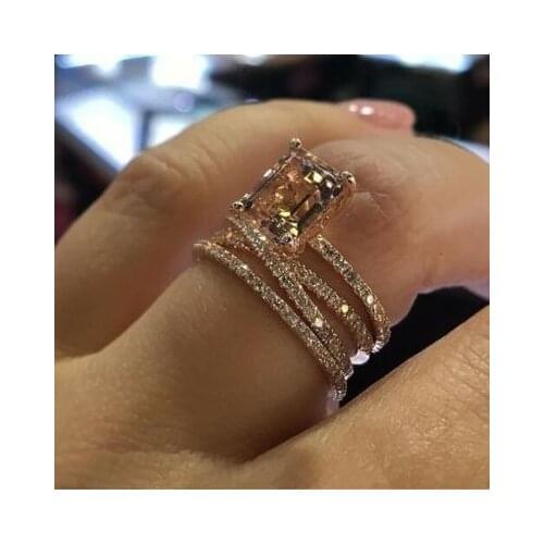Luxury Shining Big Champagne AAA Zircon Rings For Women Unique Rose Gold Multilayer Crystal Ring Wedding Band Jewelry Size 5-11