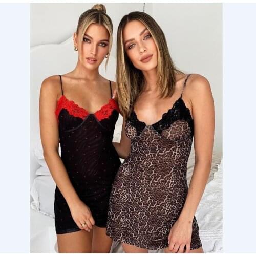 Summer Women Sleepwear Sling Dress Deep V-Neck Mesh Wrapped Leopard / Heart Printed Summer Sleeping Maxi