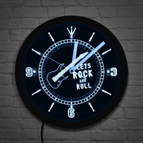 Rock n Roll Neon Effect Wall Clock Music Studio Room Pub Bar Wall Art Rocking Guitar LED Lighted Wall Watch Luminous Wall Clock