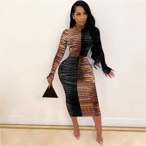 Autumn Bandage Bodycon Dress Women Streetwear Leo Print Patchwork Long Sleeve Dress for Women Party Club Skinny Long Midi Dress